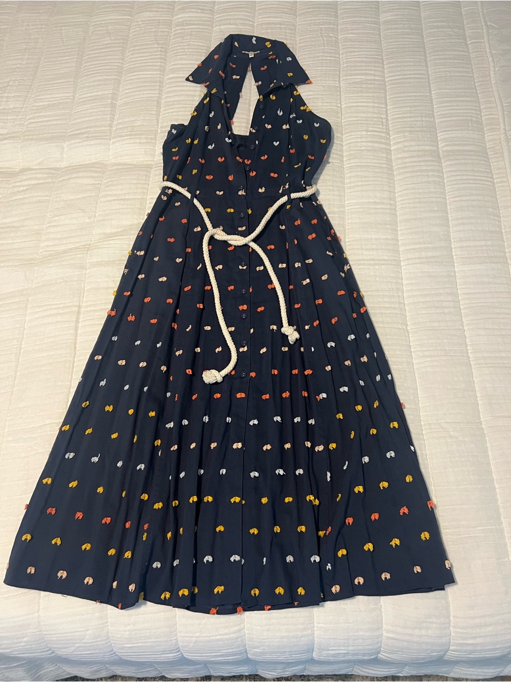 Ella Moss Navy Dress with Pastel Embroidery Accents
